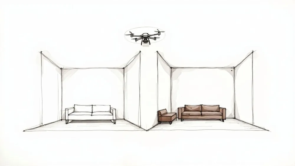 Un croquis d'un drone observant deux pièces, l'une avec un canapé blanc et l'autre avec des meubles marron.
