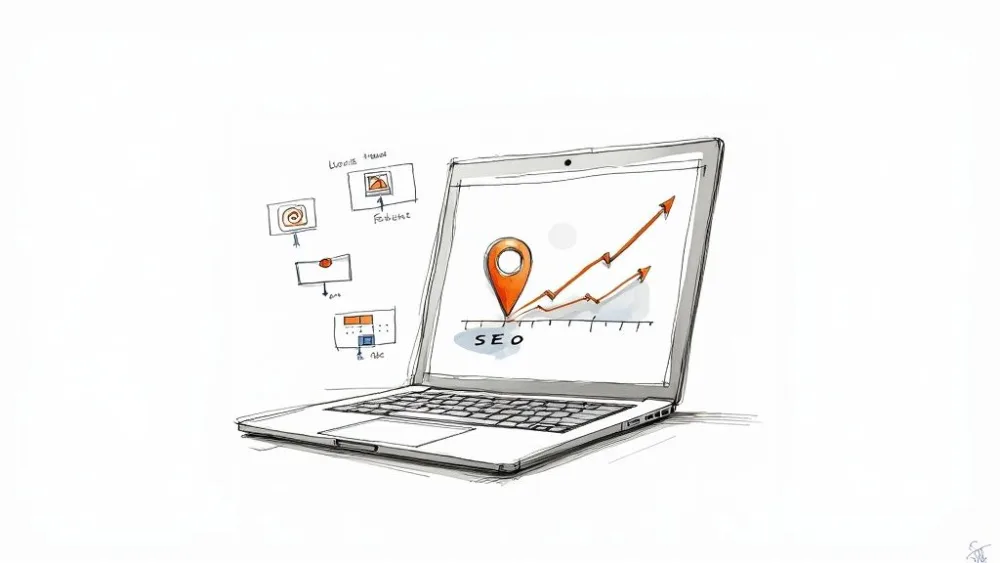 Illustration d'un ordinateur portable affichant une épingle de localisation et un graphique de tendance à la hausse pour l'optimisation SEO.
