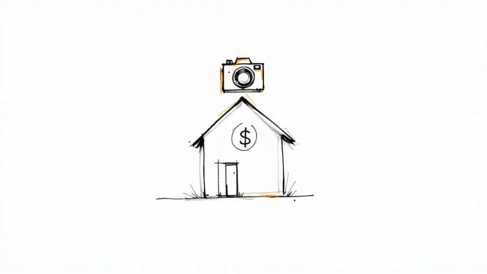 Einfache Illustration eines Hauses mit Dollarzeichen und Kamera darüber, die das Immobilienfotografiegeschäft darstellt