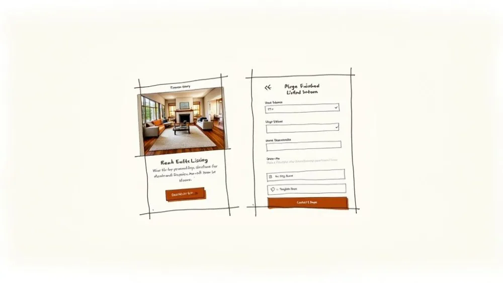Handgezeichnete Wireframes, die eine Immobilienanzeigenseite und ein Informationsformular zeigen.