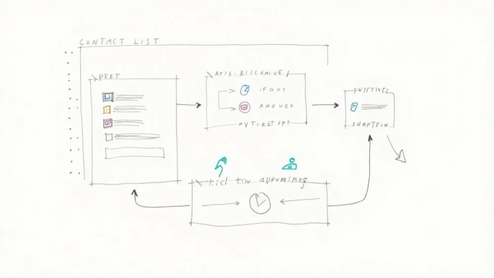 Ein handgezeichnetes Flussdiagramm, das ein Kontaktlisten-Managementsystem mit Verarbeitungs-, Automatisierungs- und Ausgabeschritten darstellt.