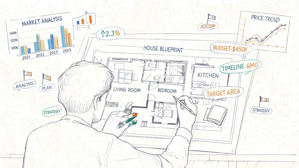 Reviewing house floor plans alongside financial charts to prepare a property price negotiation.