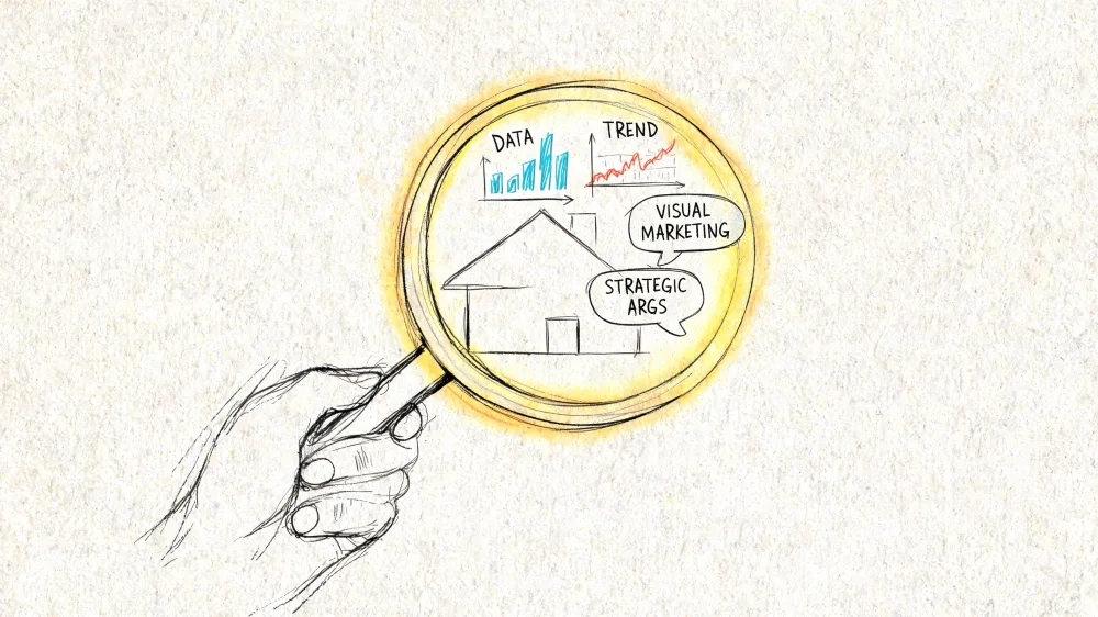 Magnifying glass over market data and visual marketing arguments used to negotiate a house price.