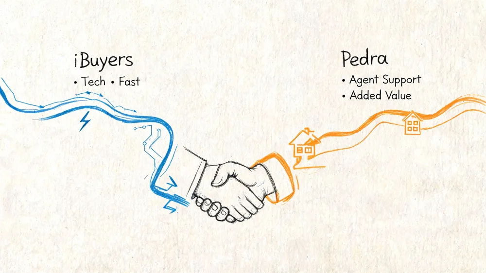 Ilustração de um aperto de mãos entre a tecnologia dos iBuyers e o suporte imobiliário da Pedra.