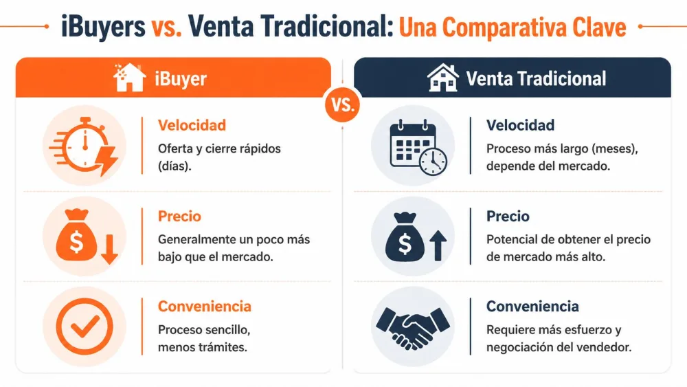 Comparativa visual entre o modelo de venda imobiliária iBuyer e a venda tradicional de propriedades.