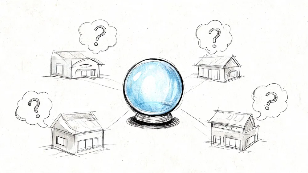 Uma bola de cristal rodeada de desenhos de casas com sinais de interrogação sobre cada uma.