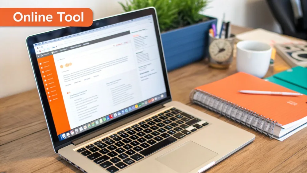 Portatile su una scrivania in legno con uno strumento online di fotoritocco
