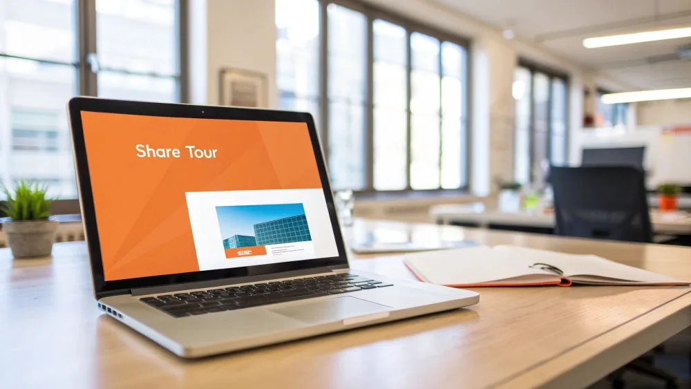Portatile su una scrivania con la schermata per condividere un tour virtuale