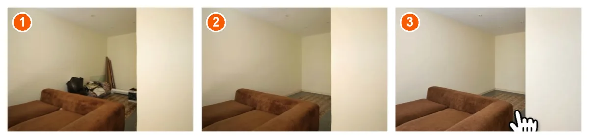 Foto de celular de uma sala em três etapas: original, sem bagunça e melhorada com linhas retas