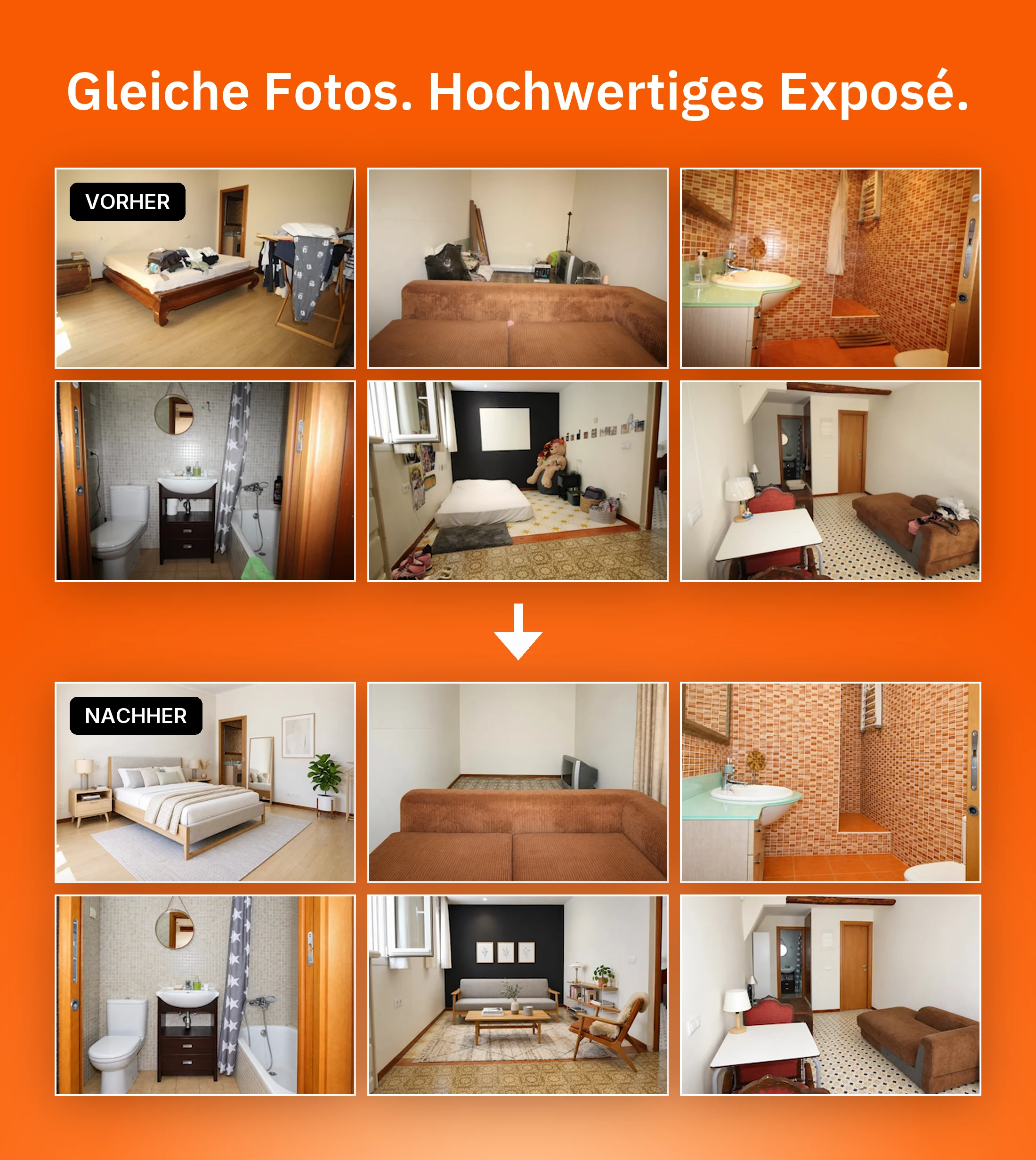 Dieselben sechs Handyfotos einer gewöhnlichen Wohnung, vorher und nachher mit Aufräumen, Einrichten und Optimieren in Pedra