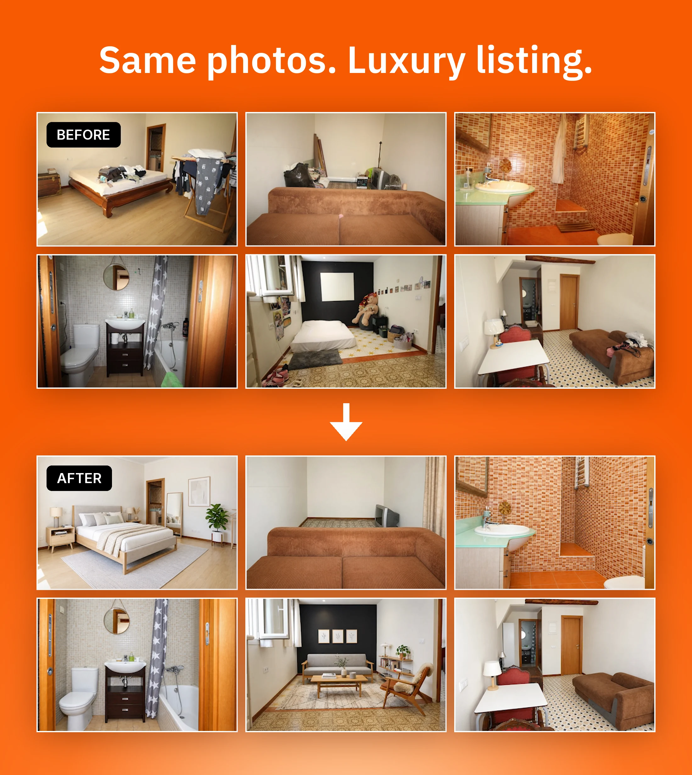The same six phone photos of an ordinary apartment, before and after decluttering, staging and enhancing in Pedra