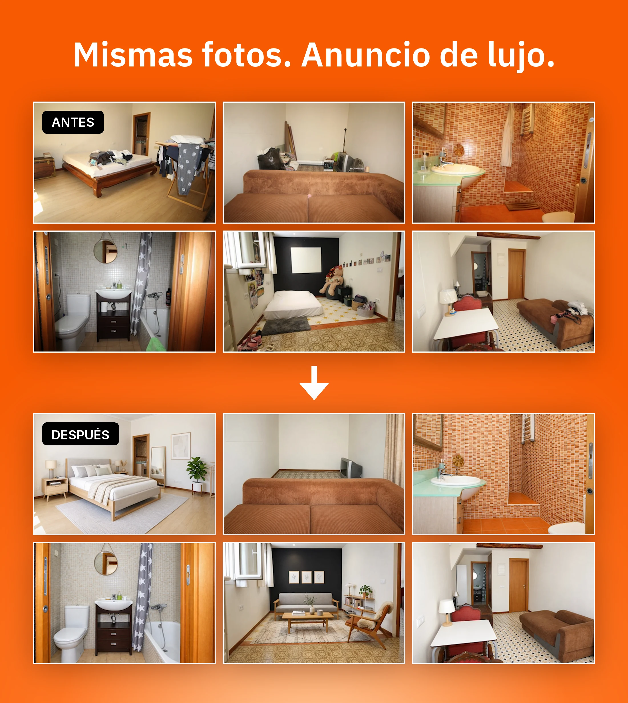 Las mismas seis fotos del móvil de un piso normal, antes y después de quitar el desorden, amueblar y mejorar la luz en Pedra