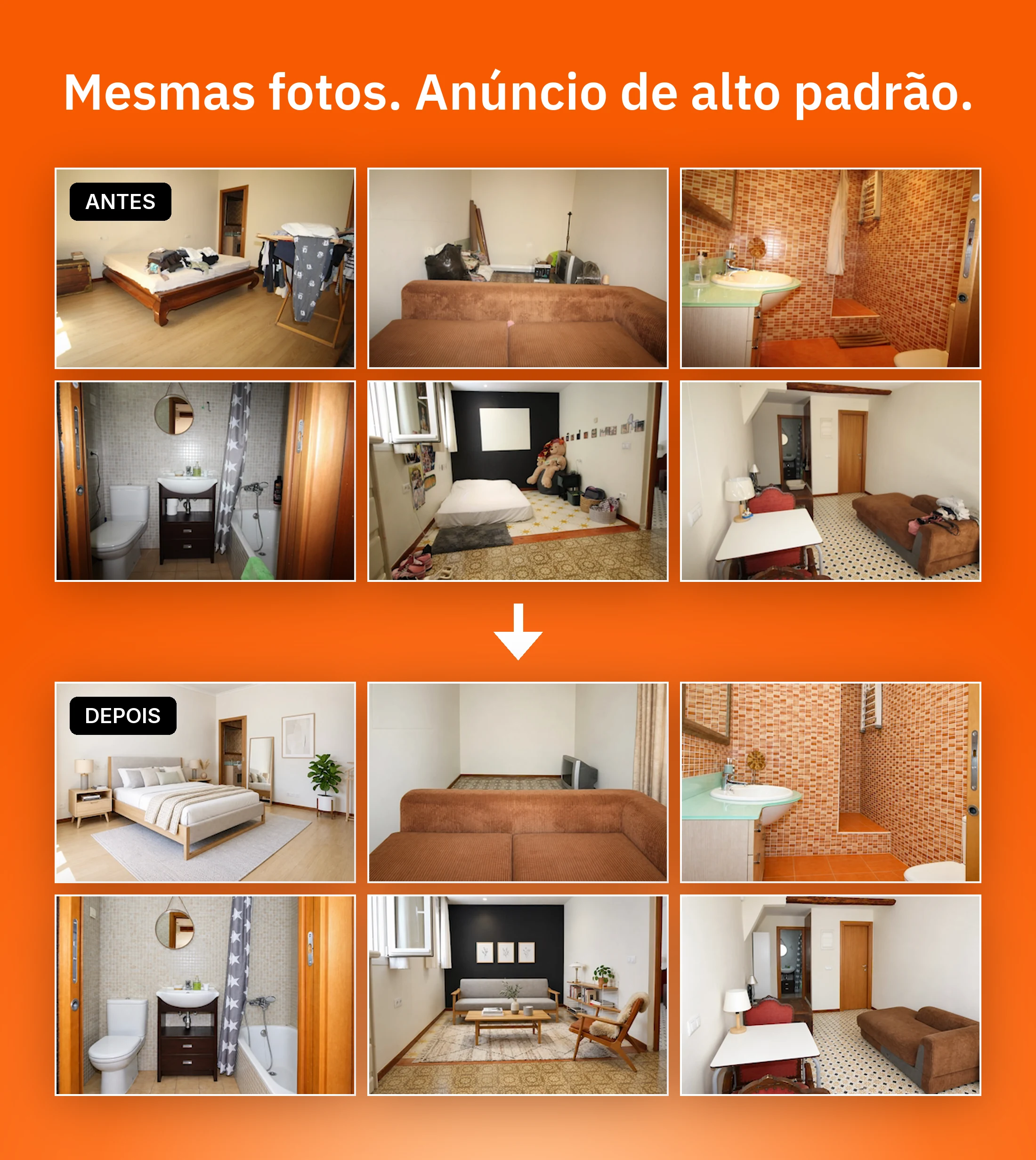 As mesmas seis fotos de celular de um apartamento comum, antes e depois de arrumar, mobiliar e melhorar a luz no Pedra