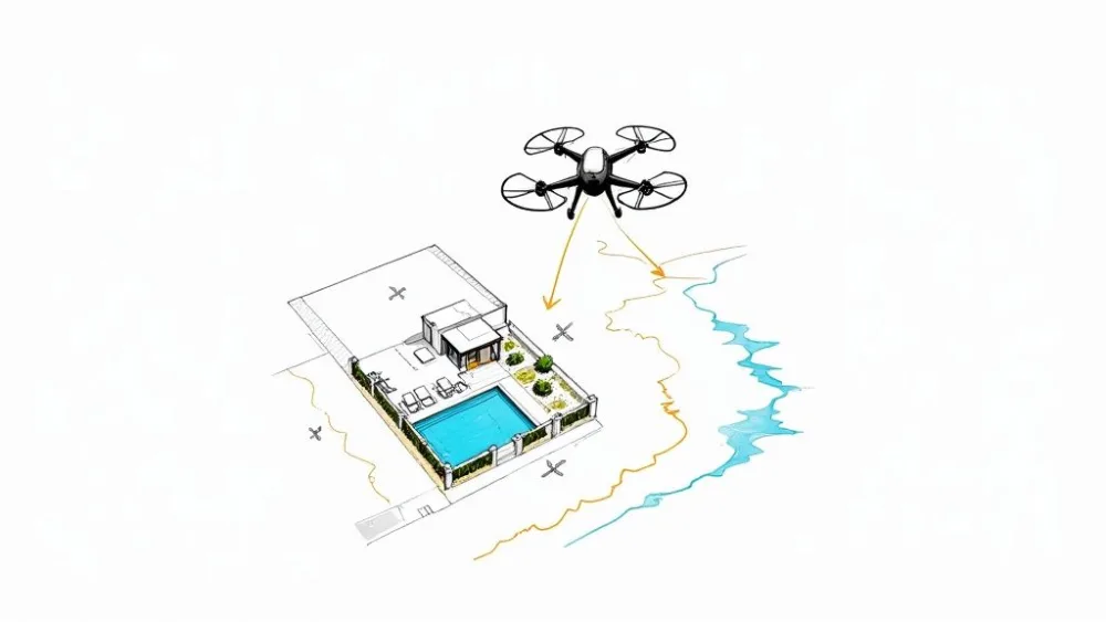 Drone capturing aerial footage of modern luxury villa with swimming pool for real estate marketing