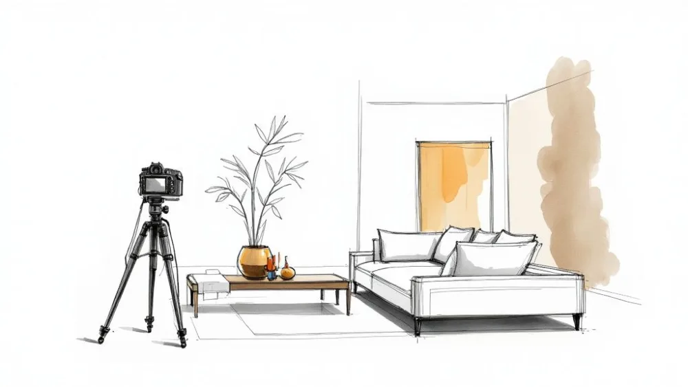 Modern interior design sketch with camera on tripod for luxury real estate photography