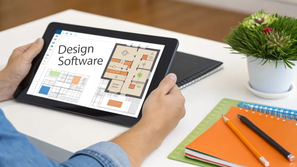 Mani che reggono un tablet con un software di progettazione di planimetrie