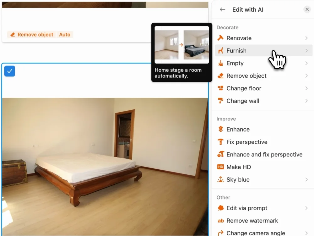 O menu Edit with AI do Pedra com Furnish, Remove object e Enhance and fix perspective ao lado da foto de um quarto