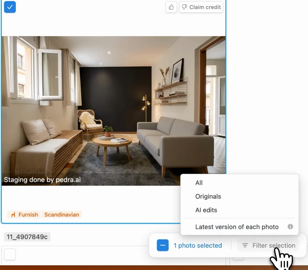 Filtro do Pedra para a última versão de cada foto, com uma sala que leva a legenda de home staging virtual