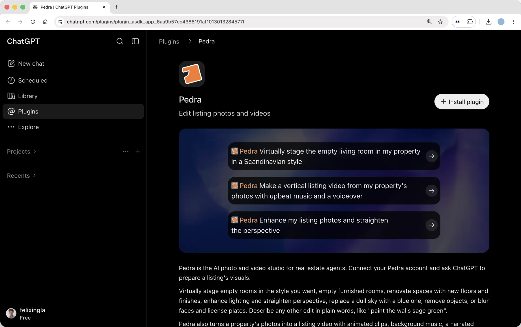 The Pedra plugin in the ChatGPT plugins directory, with the Install plugin button