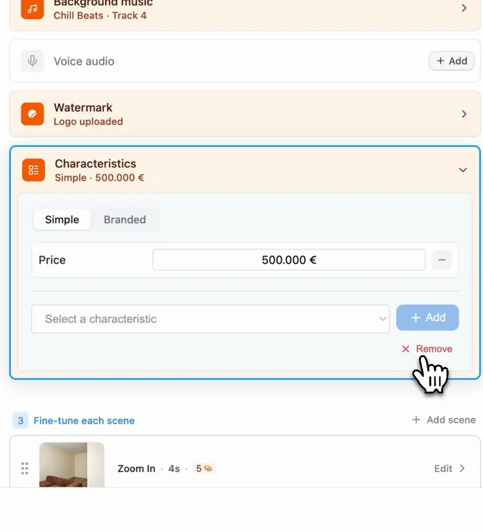 Configurações de vídeo do Pedra com música, locução, logo como marca d'água e características do imóvel