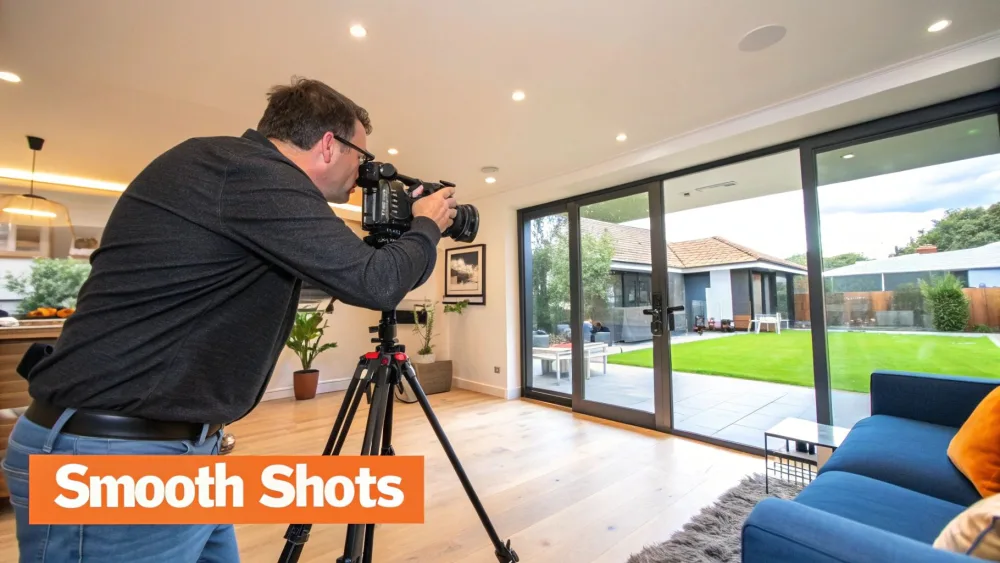 Persona che filma l'interno di una casa con una videocamera professionale su un gimbal
