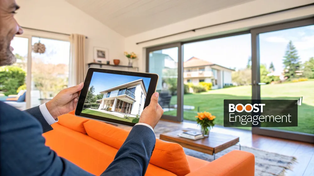 Person viewing a property video on a tablet in a bright open-plan living room