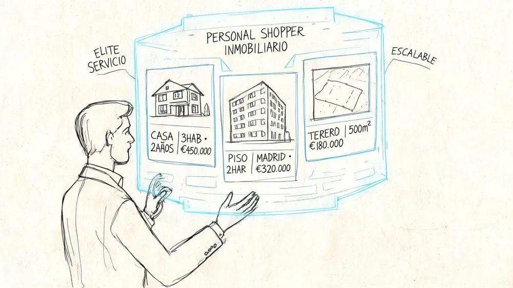 Un profesional interactuando con una interfaz digital que muestra diferentes opciones de bienes raíces y servicios inmobiliarios.