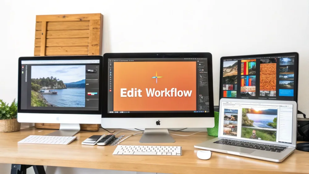 Postazione di fotoritocco con due monitor e un portatile con software di editing