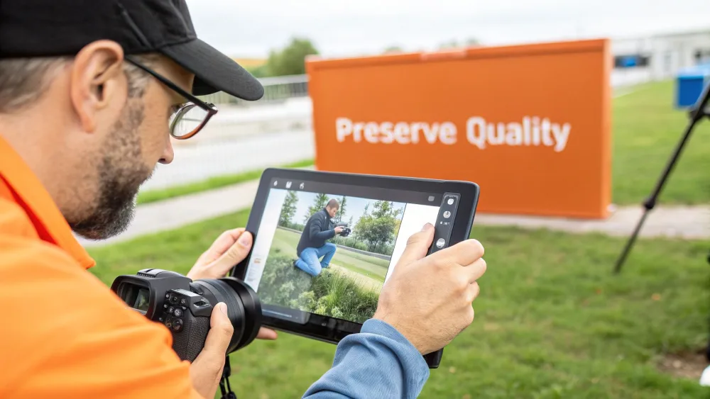 Fotografo che controlla uno scatto su un tablet tenendo la fotocamera all'aperto