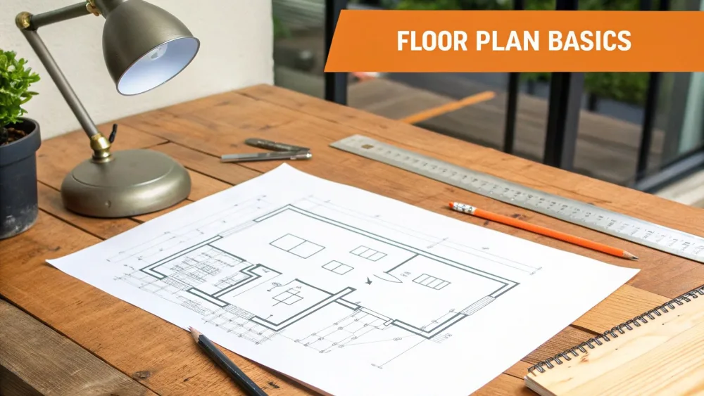 Printed floor plan on a wooden desk with a ruler, pencils and a lamp