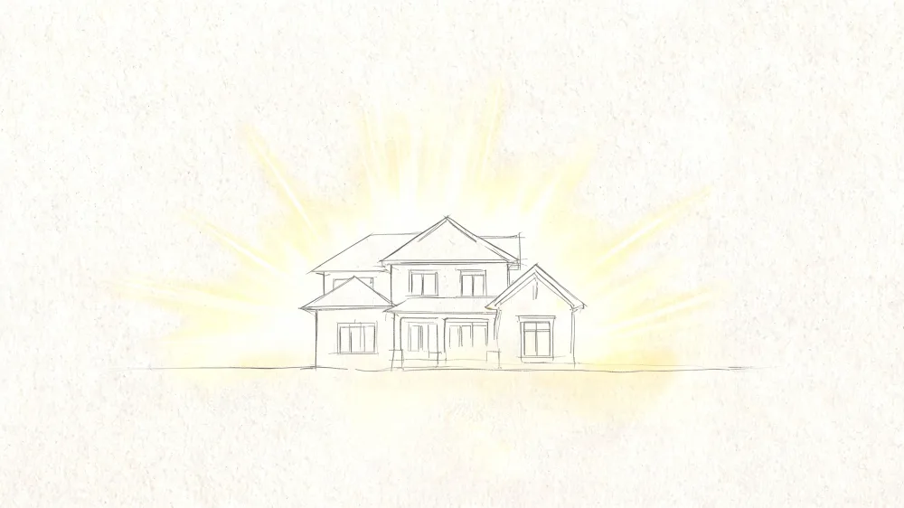 Un dibujo a lápiz de una casa familiar con un resplandor dorado iluminando el fondo blanco.
