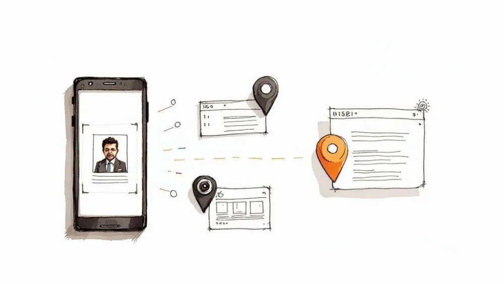 Foto profissional em um smartphone vinculando a vários perfis na web e uma plataforma online principal.