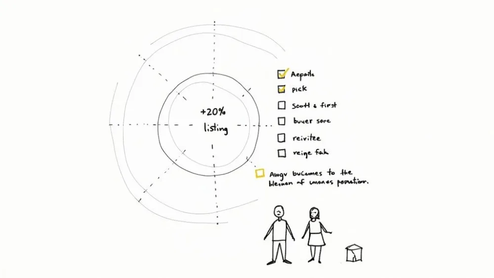 Esboço desenhado à mão ilustrando uma estratégia de marketing imobiliário com metas de anúncios e lista de verificação.
