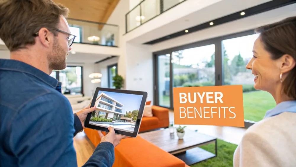 Agente immobiliare che rivede un tour virtuale dell'immobile con un acquirente