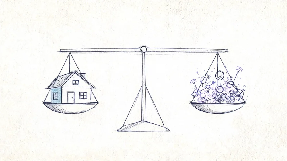 Una ilustración dibujada a mano de una balanza equilibrando una casa contra iconos de datos complejos.