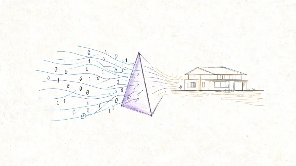 Una ilustración conceptual que muestra flujos de datos binarios convirtiéndose en una representación arquitectónica de una casa.