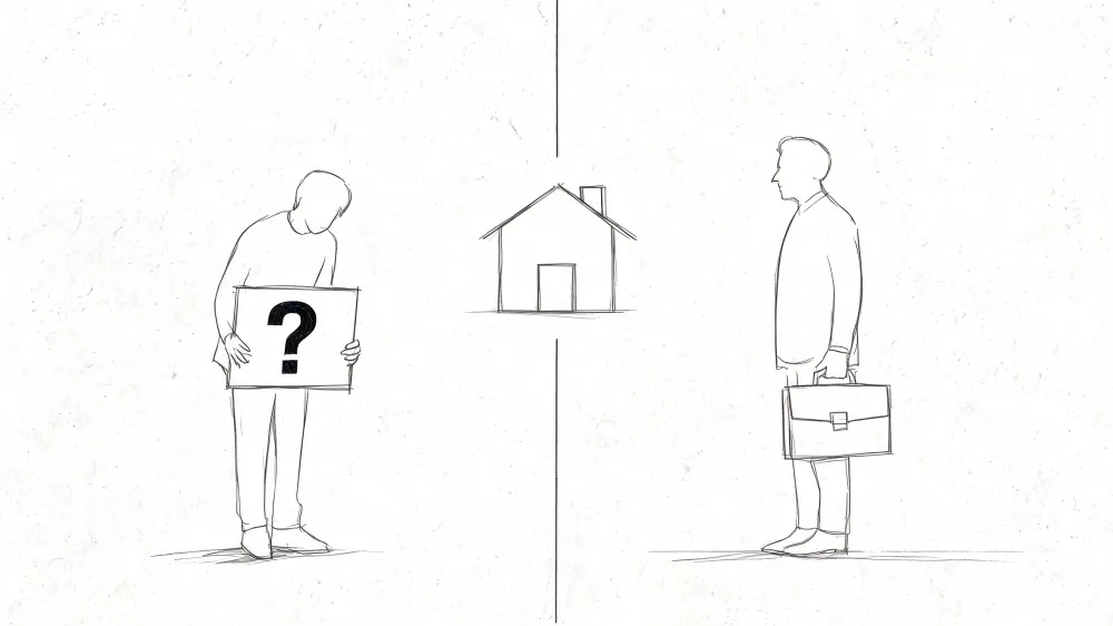 Dibujo lineal que muestra a un cliente con una duda frente a un asesor inmobiliario profesional