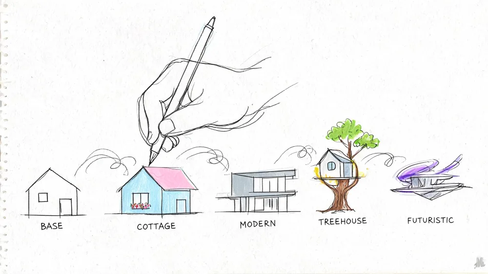 Dibujo a mano alzada mostrando la evolución conceptual de una casa desde un boceto básico hasta estilos futuristas.