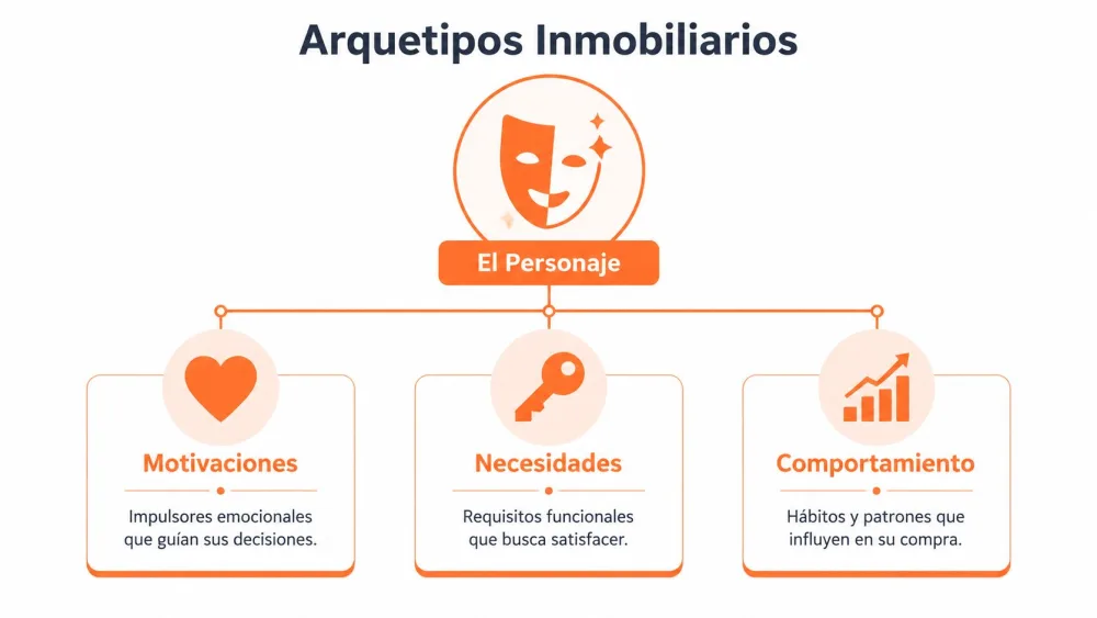 Diagrama de Arquetipos Inmobiliarios que muestra el personaje y sus tres dimensiones: motivaciones, necesidades y comportamiento.
