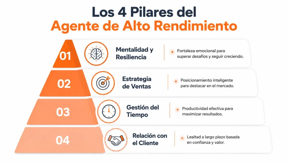 Gráfico piramidal que detalla los cuatro pilares fundamentales para el desarrollo de un agente inmobiliario de alto rendimiento.