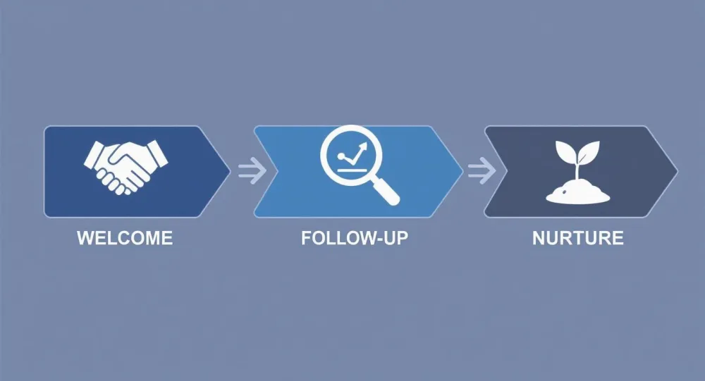 Un proceso de marketing de tres pasos que muestra las etapas de bienvenida, seguimiento y nutrición con iconos.