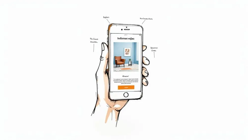 Boceto de una mano sosteniendo un smartphone que muestra una aplicación inmobiliaria con el diseño interior de una habitación.