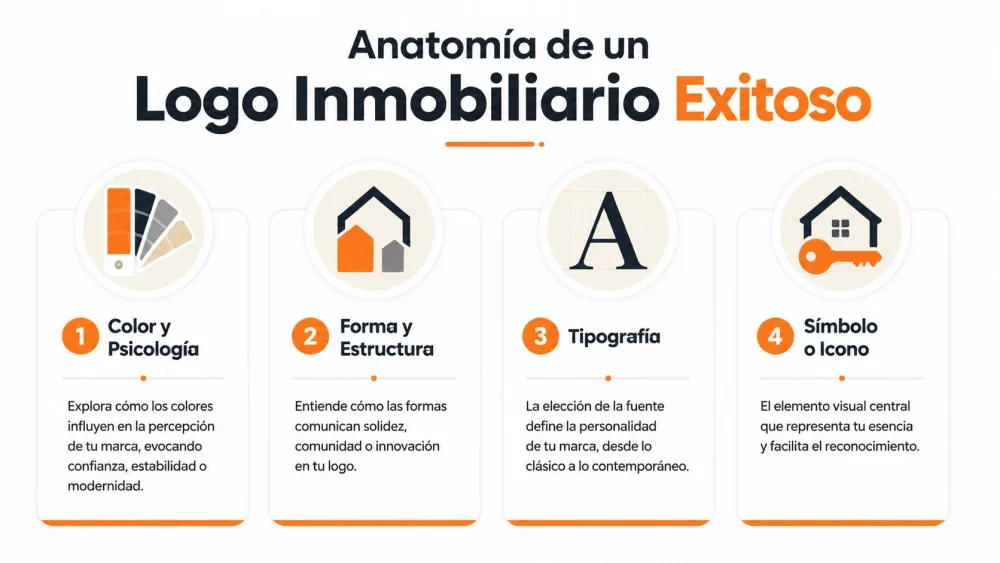 Infografía sobre los cuatro elementos clave para diseñar un logo inmobiliario exitoso, incluyendo color, forma, tipografía e iconos.