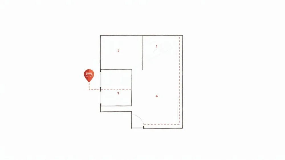 Floor plan layout showing four numbered rooms with parking location marker icon on left side