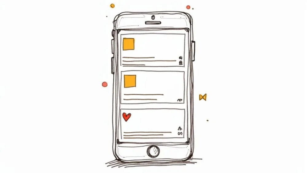 Smartphone displaying social media feed with posts containing images and heart icon illustration