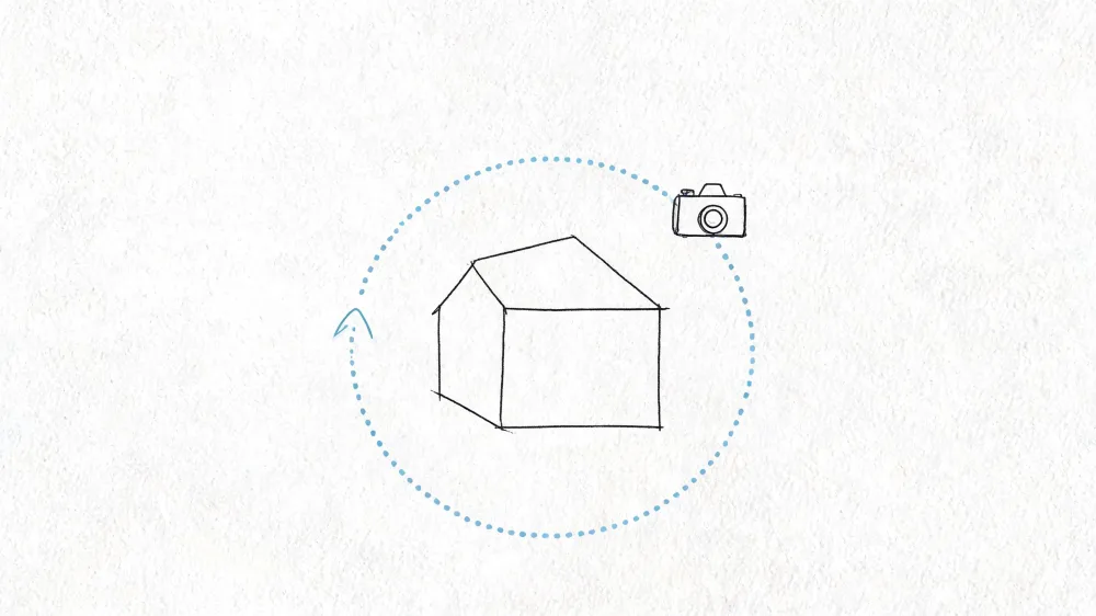 Illustrazione minimalista di una telecamera che ruota attorno a una casa per rappresentare servizi di fotografia immobiliare professionale.