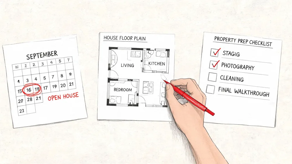 Calendar, floor plan and task list for planning a real estate open house event.