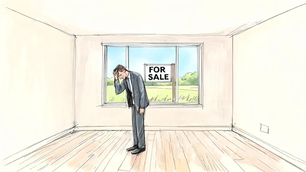 Real estate agent standing in an empty room during an open house with a for-sale sign outside.