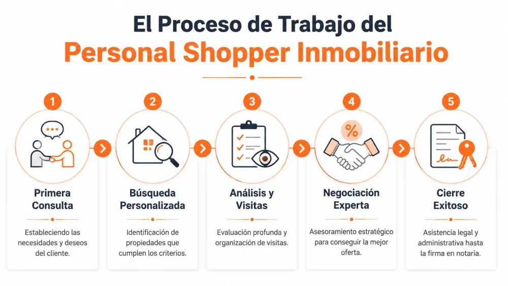 Infografía del proceso de trabajo de un personal shopper inmobiliario desde la consulta inicial hasta el cierre exitoso.