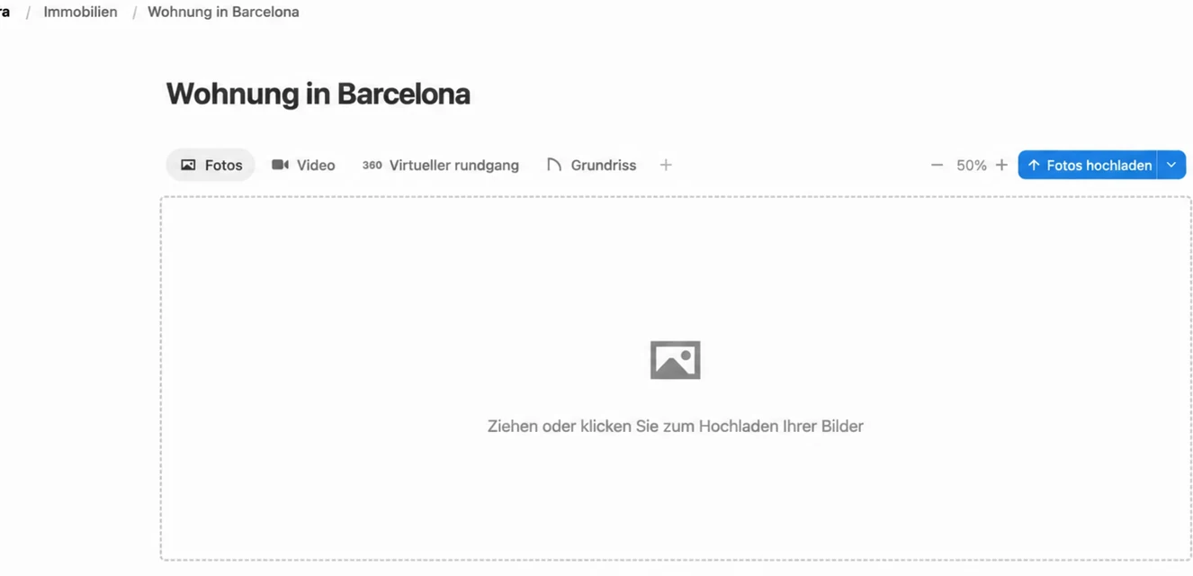 Objektseite in Pedra mit dem Upload-Bereich für die Fotos aus dem Exposé